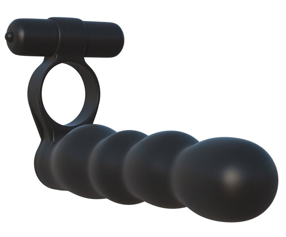 Zwarte, buigzame dubbele penetratiemassager met parelachtige schacht, lichte zijaanzicht.