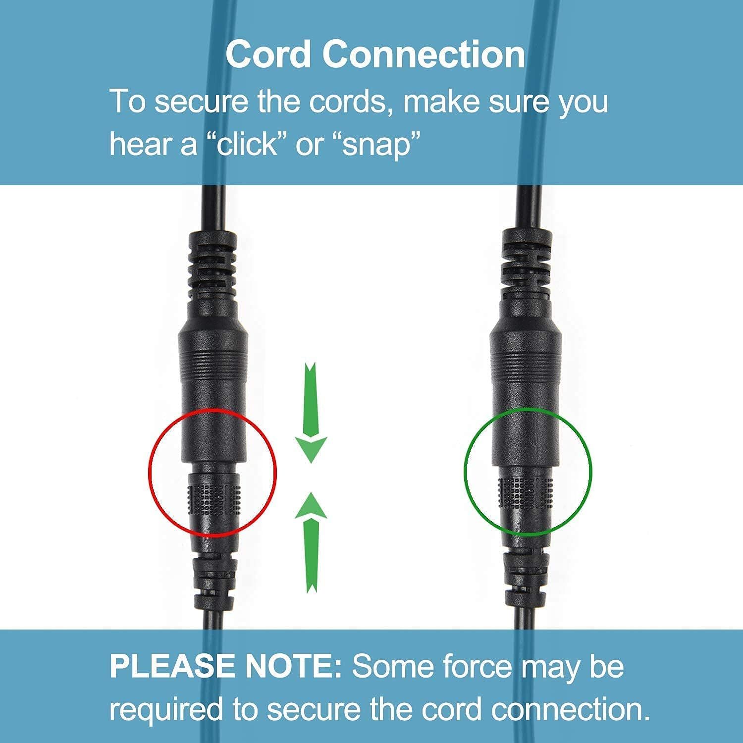 Deux connecteurs de câble noirs sont montrés. Un cercle rouge marque un connecteur non connecté, un cercle vert un connecteur connecté.