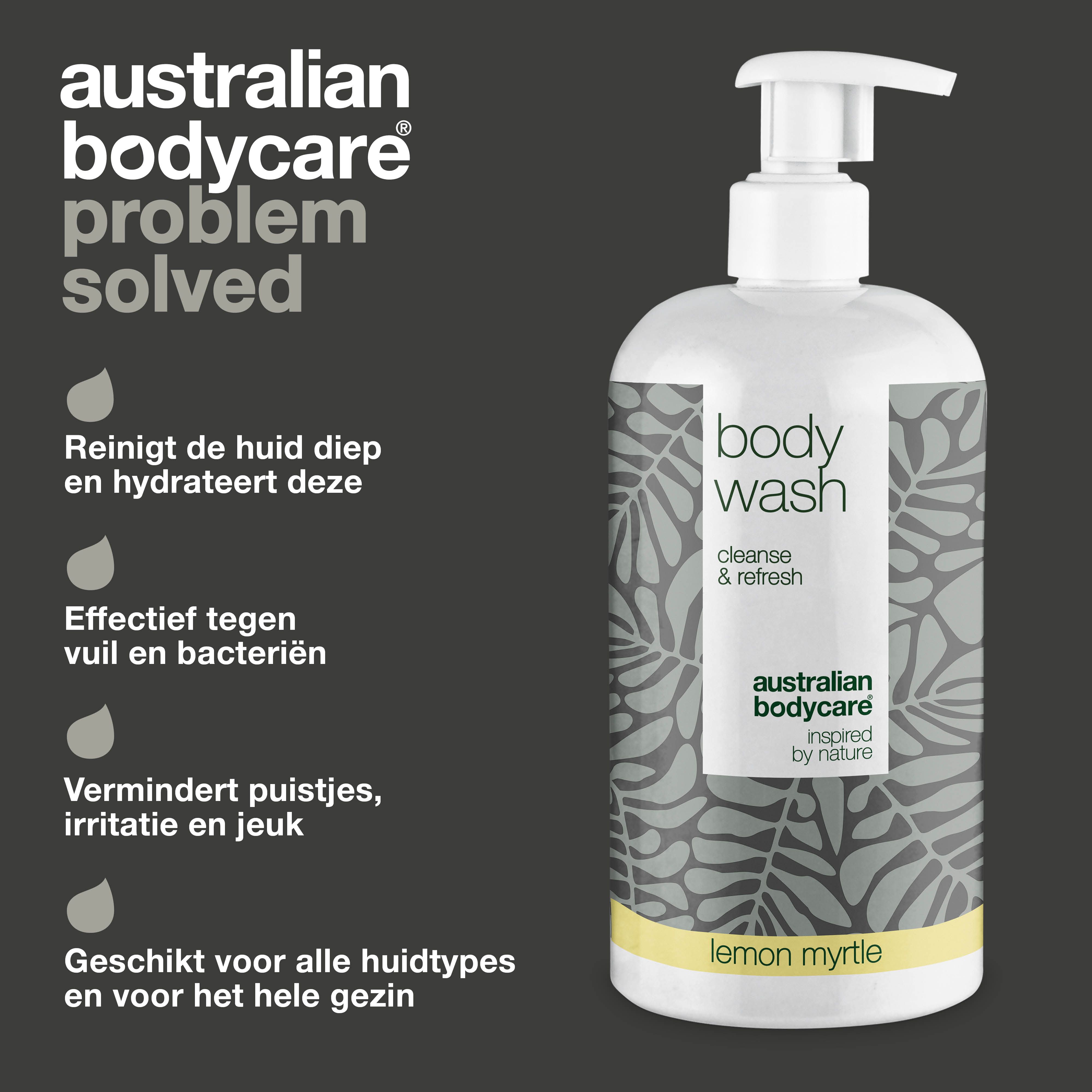 Body Wash fles met pomp. Tekst: reinigt de huid, effectief tegen vuil, vermindert puistjes, geschikt voor alle huidtypes.