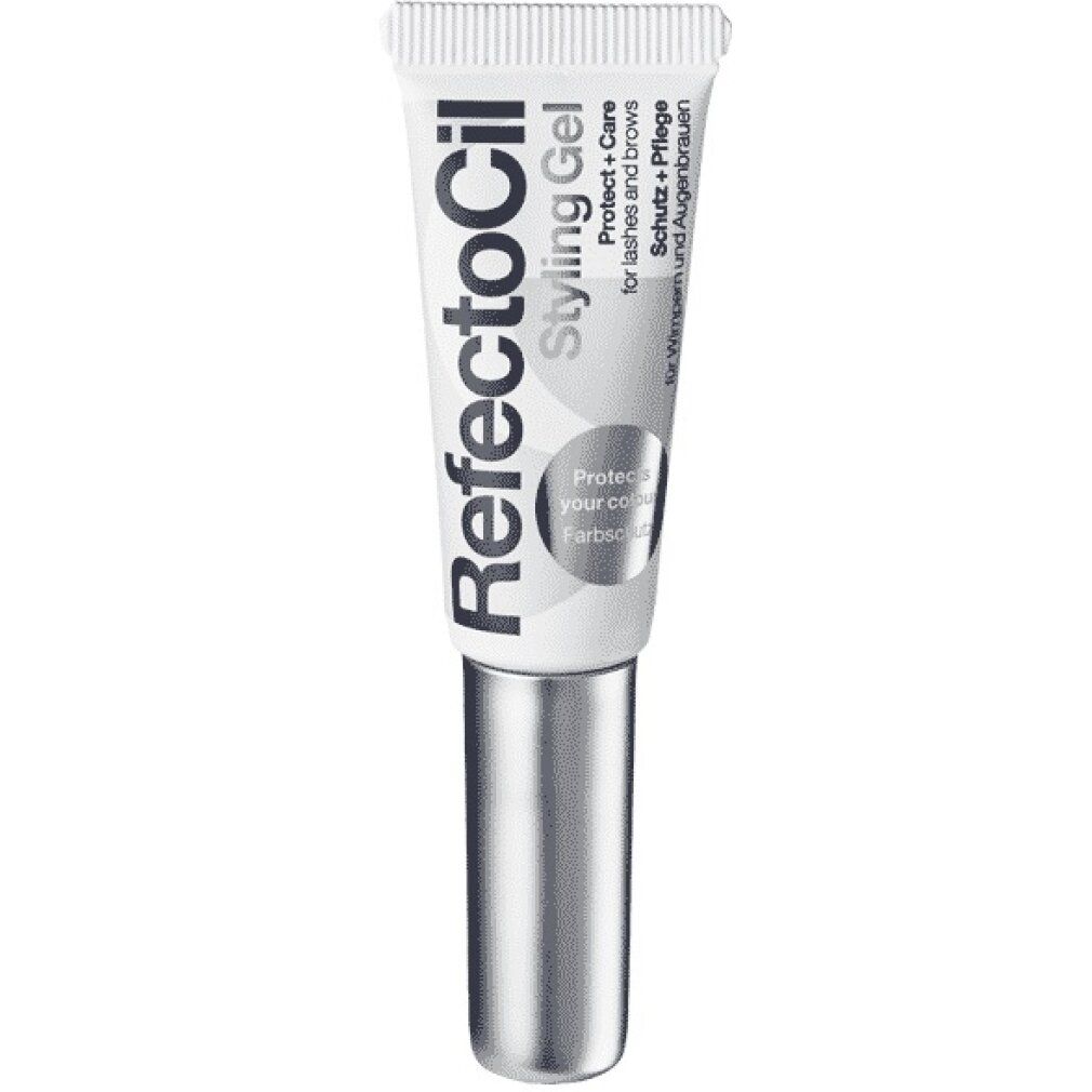 RefectoCil Styling Gel tube. Witte tube met zilveren dop. Opschrift: Styling Gel, Protect + Care for lashes and brows.