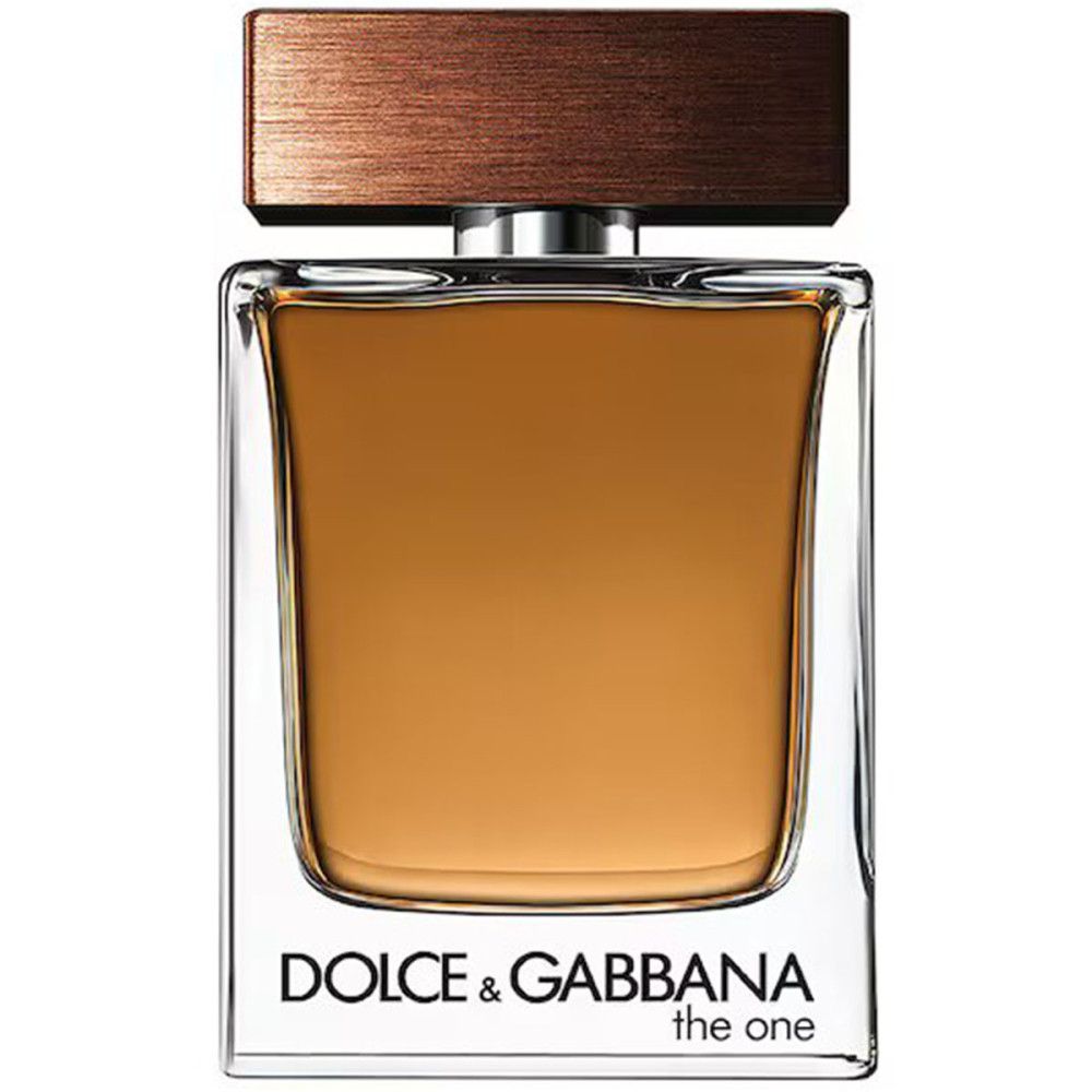 Fles Dolce & Gabbana The One. Rechthoekige fles met bruine dop. Transparante glazen fles.