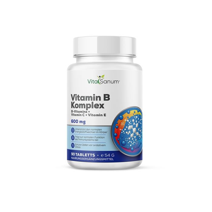 VitaSanum vitamine B-complex in witte fles. Bevat 600 mg. 30 tabletten. Voedingssupplement.