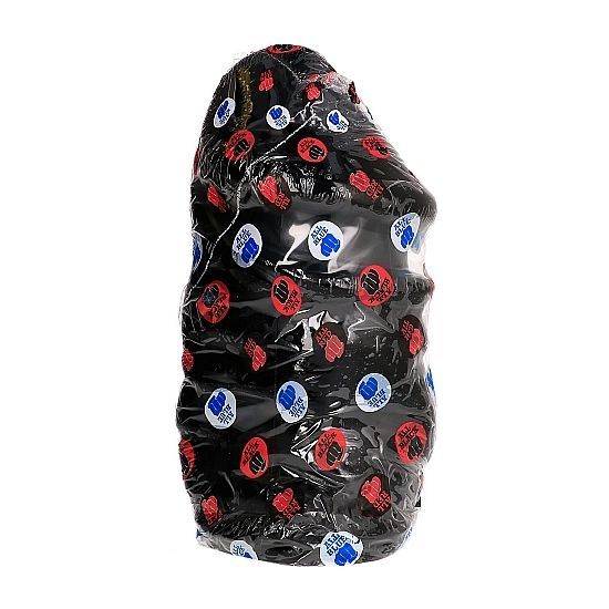 Zwarte dildo in doorzichtige verpakking met rode en blauwe "ALL BLACK" logo's.