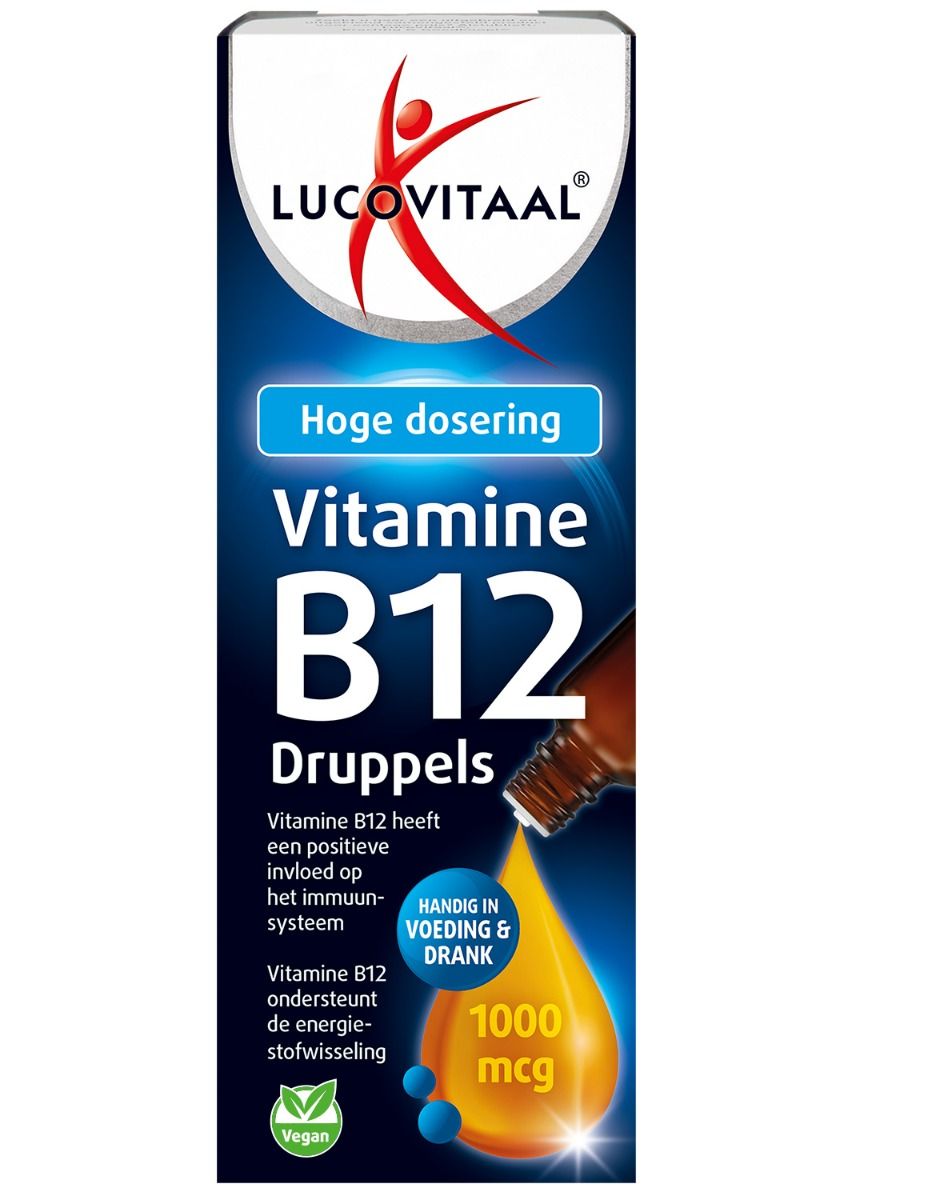 Verpakking van Lucovitaal Vitamine B12 Druppels. Fles met druppels, gele druppel met 1000 mcg. Vegan label.