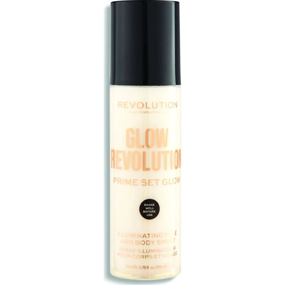 Une bouteille de Makeup Revolution Glow Revolution Prime Set Glow Illuminating Face and Body Spray.