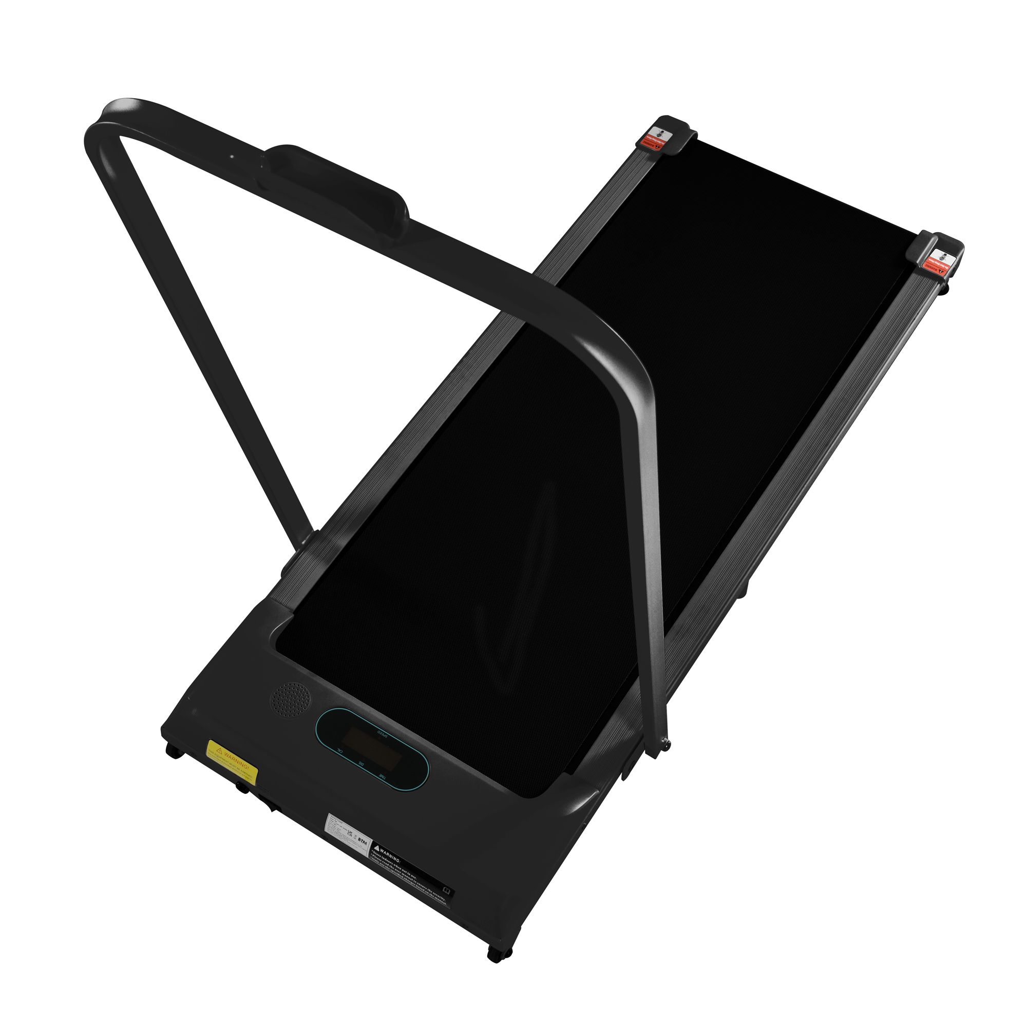 Zwarte loopband met omhooggeklapte handgreep. Digitale display en rode accenten aan de zijkanten.