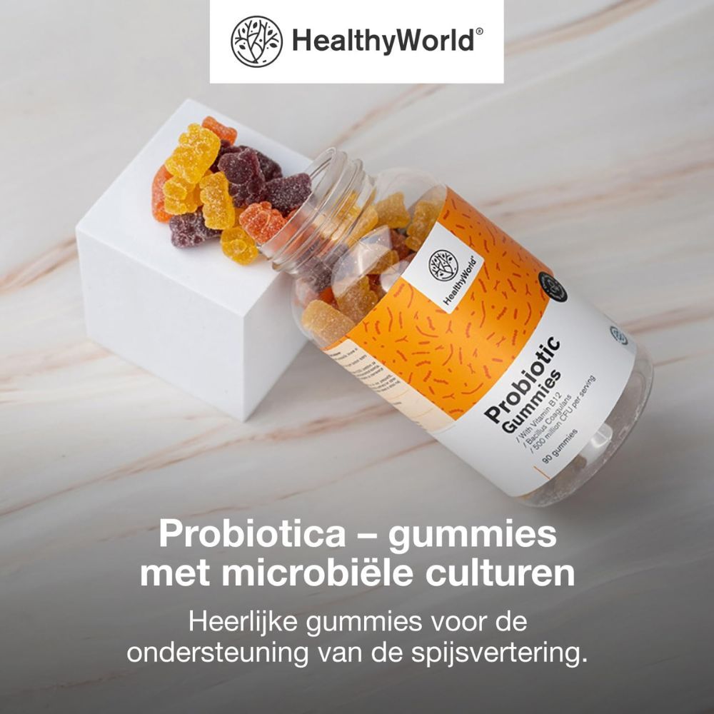 Fles Probiotic Gummis. Tekst: Probiotica - gummies met microbiële culturen, vitamine B12, met fruitsmaak.