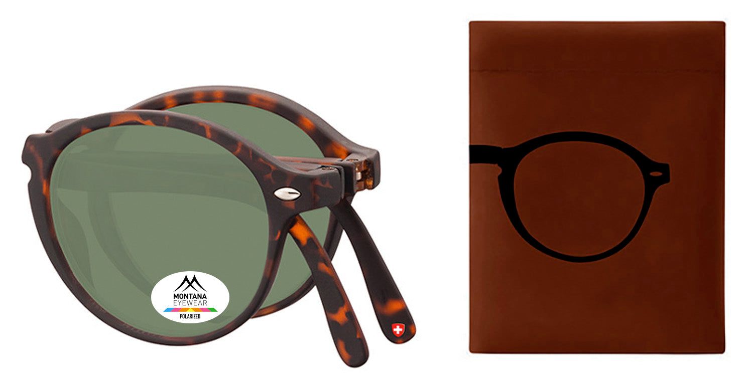 Lunettes de soleil pliables, marron-écaille. Verres ronds, teintés verts. Logo et autocollant Polarized. Étui avec silhouette de lunettes.