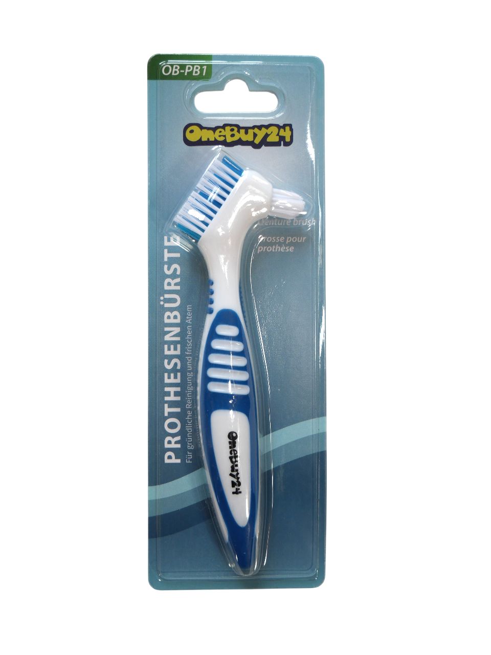 Brosse à prothèse en blister. Tête de brosse blanche, manche bleu. Impression : OneBuy24, brosse pour prothèse.