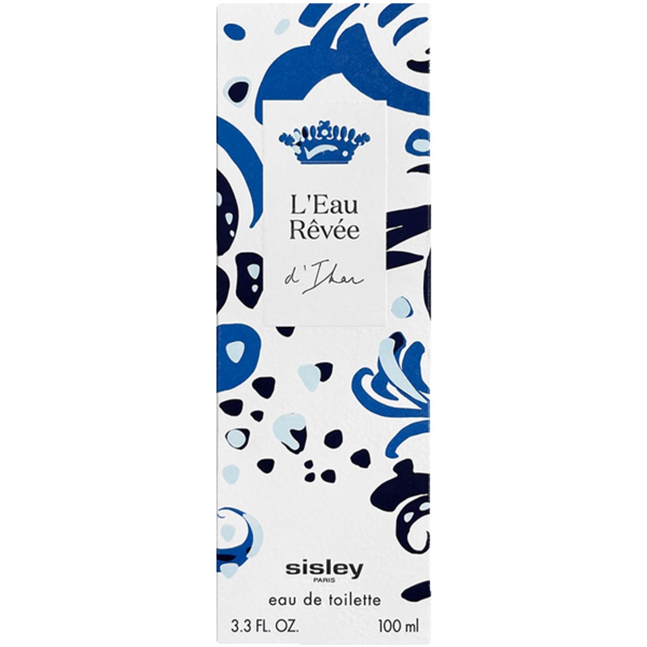 Boîte blanche avec motifs bleus et nom du produit. Texte: L'Eau Rêvée d'Ikar, Eau de Toilette, Sisley Paris. En bas: 3.3 FL. OZ. et 100 ml.