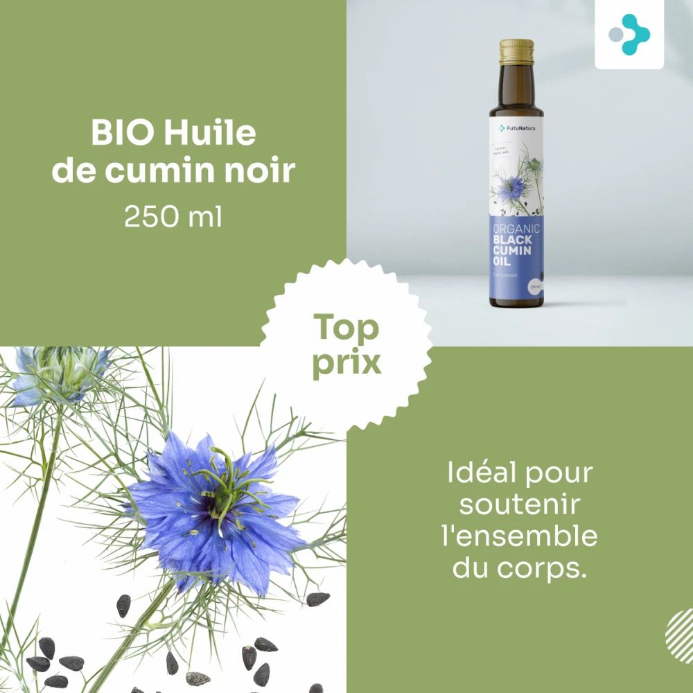 Bouteille avec étiquette et motif floral. Deux plantes en pot. BIO Huile de cumin noir, 250 ml. Top prix.