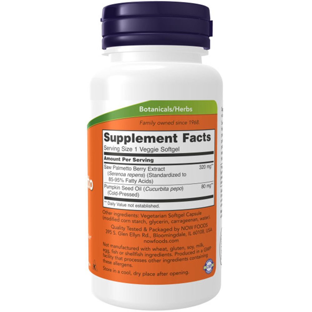 Achterkant fles. Tekst: Supplement Facts. Saw Palmetto Berry Extract. 320 mg. Ingrediënten. NOW Foods.