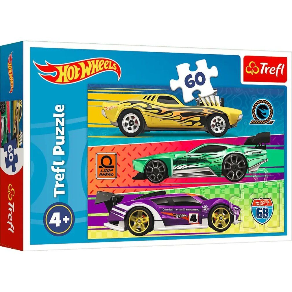 Trefl Puzzel Hot Wheels, 60 stukjes, in verpakking. Drie Hot Wheels auto's afgebeeld. Logo's Hot Wheels en Trefl op de verpakking.