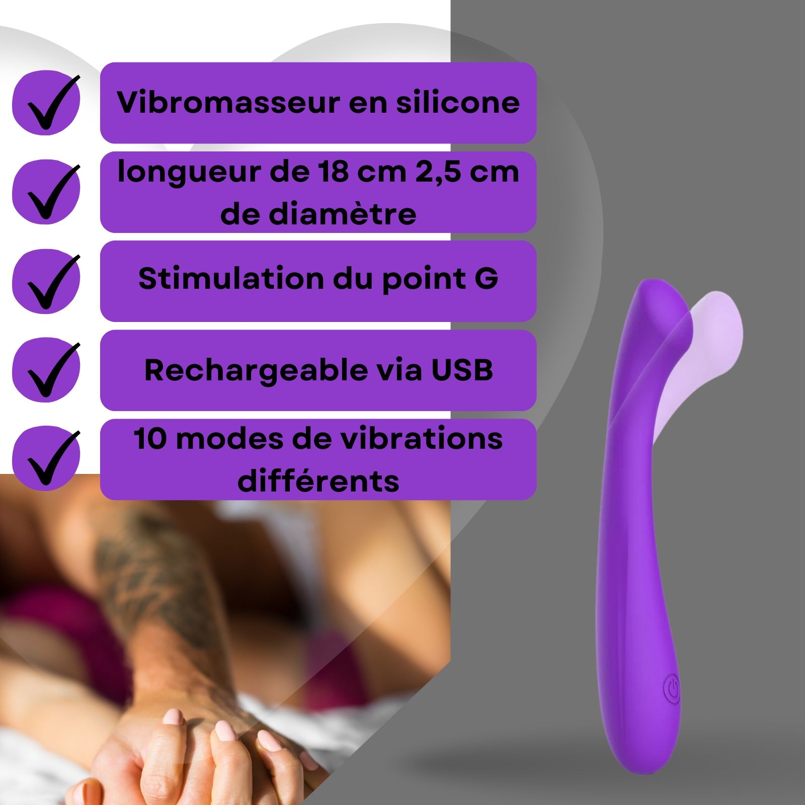 Vibrateur violet, texte: Vibrateur en silicone, 18cm, 2,5cm diamètre, stimulation point G, USB.