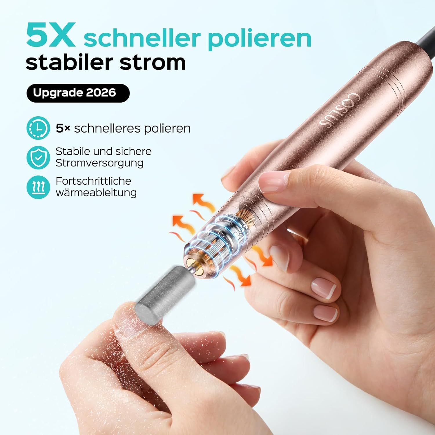 Nagelfrees met frees. Roségouden behuizing, COSLUS-logo. Tekst: 5X sneller polijsten, stabiele stroom. Upgrade 2026.