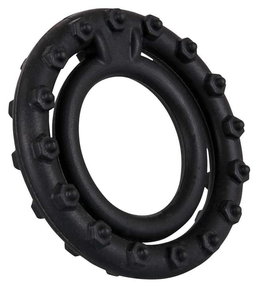 Zwarte penisring met ballenring. De buitenste ring heeft noppen. De binnenste ring is glad.