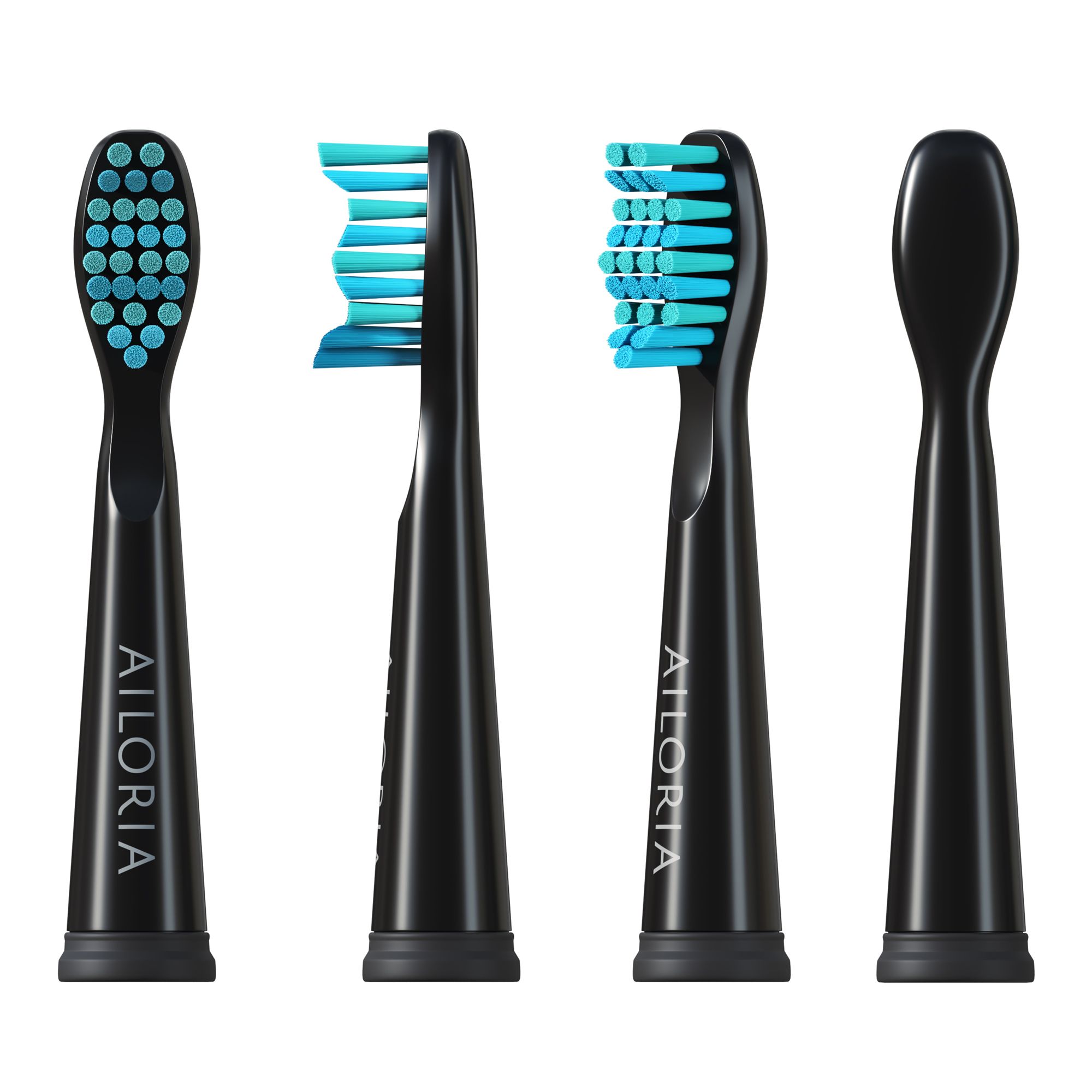 Quatre têtes de brosse de remplacement noires sous différents angles. Soies turquoise. Logo AILORIA.
