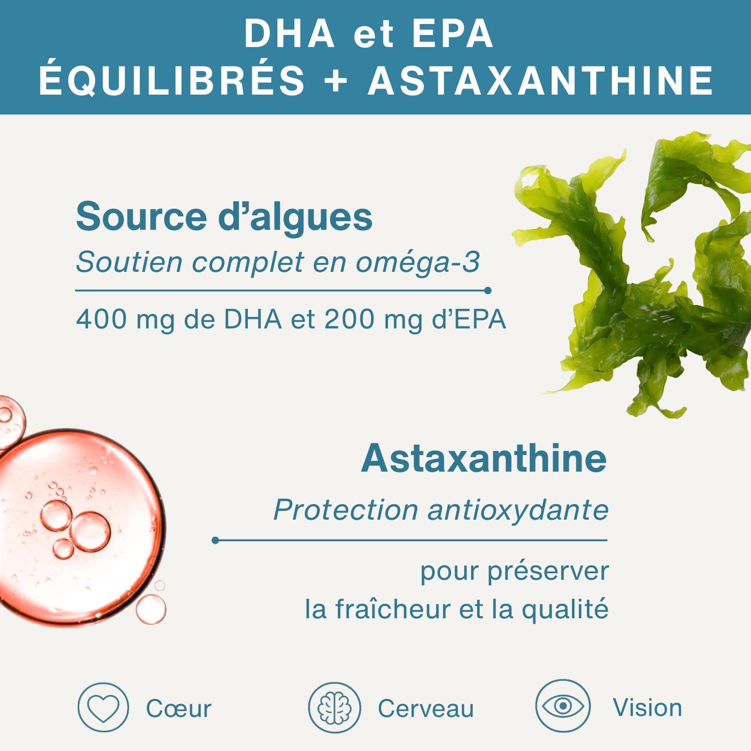 Gélules Oméga-3 d'origine algale avec 400 mg de DHA et 200 mg d'EPA, astaxanthine pour une protection antioxydante.