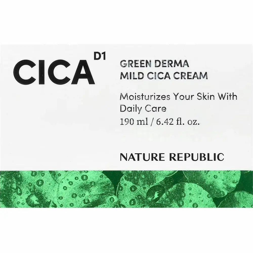 Pot blanc avec inscription verte CICA, Green Derma Mild Cica Cream. Texte : Nature Republic, 190 ml/6.42 fl. oz. Fond vert.