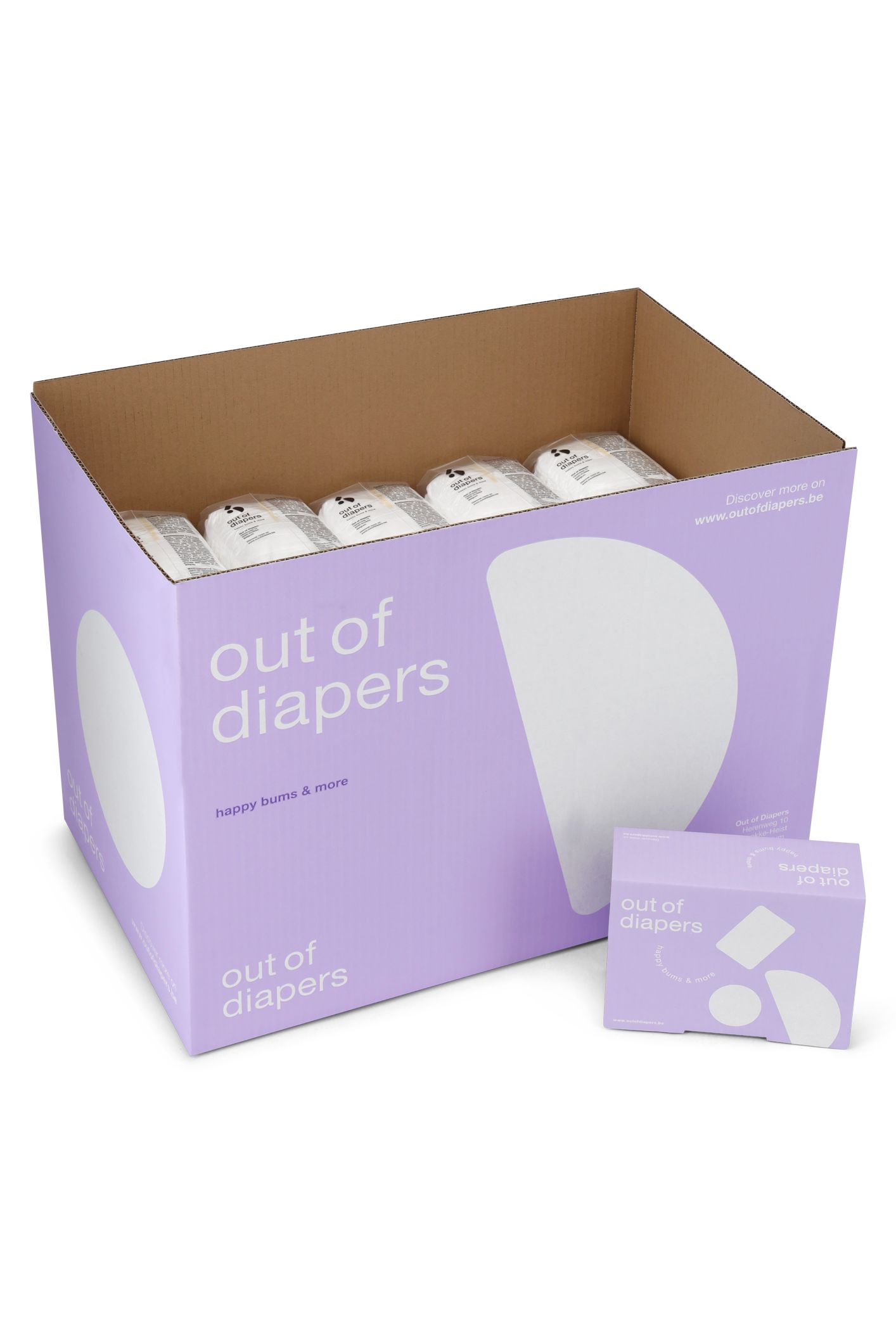 Kartonnen doos met luiers. Opschrift "out of diapers". Klein doosje ernaast. Paars en wit.