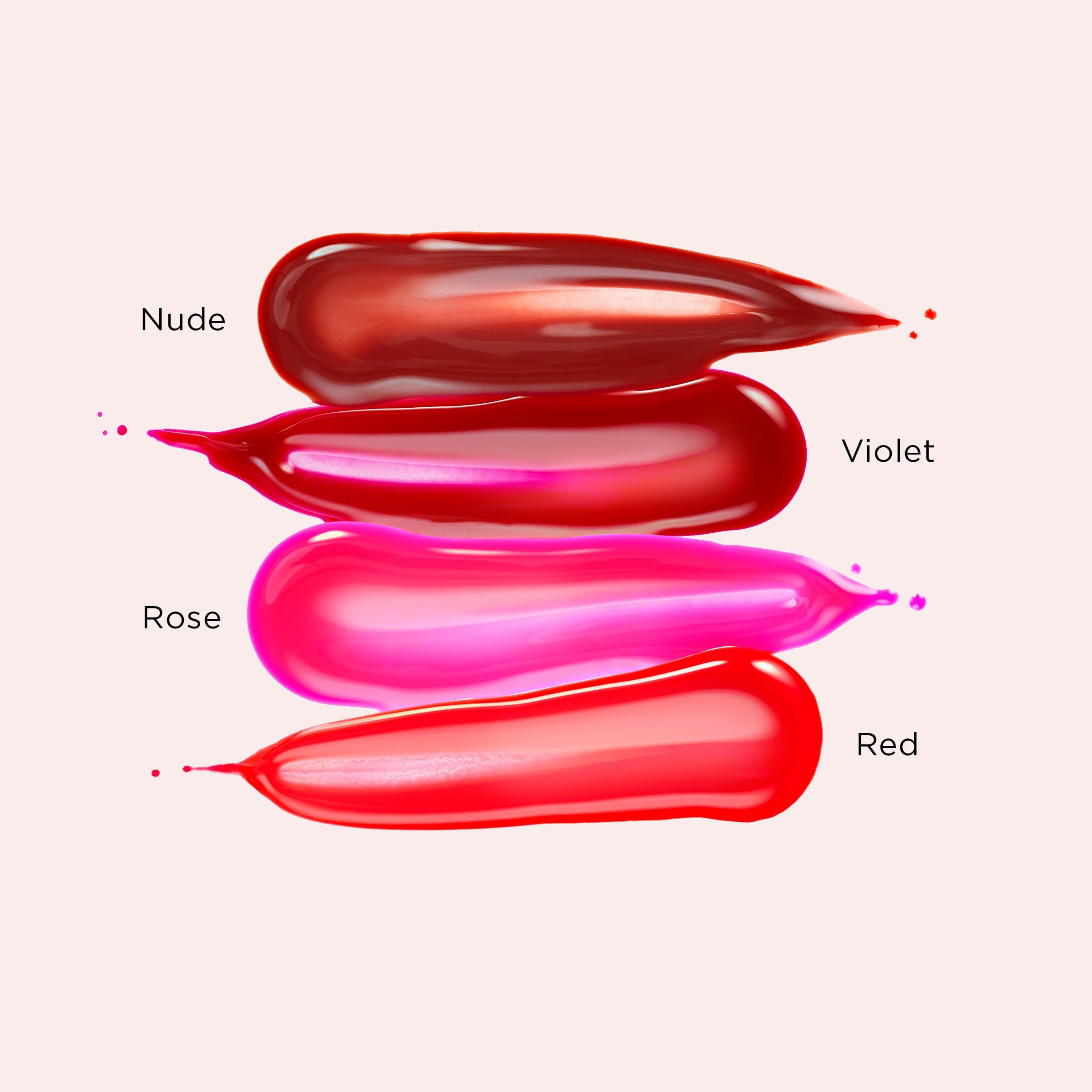 Vier tinten lippenstift: Nude, Violet, Rose en Rood. Elke tint wordt weergegeven als een druppel.