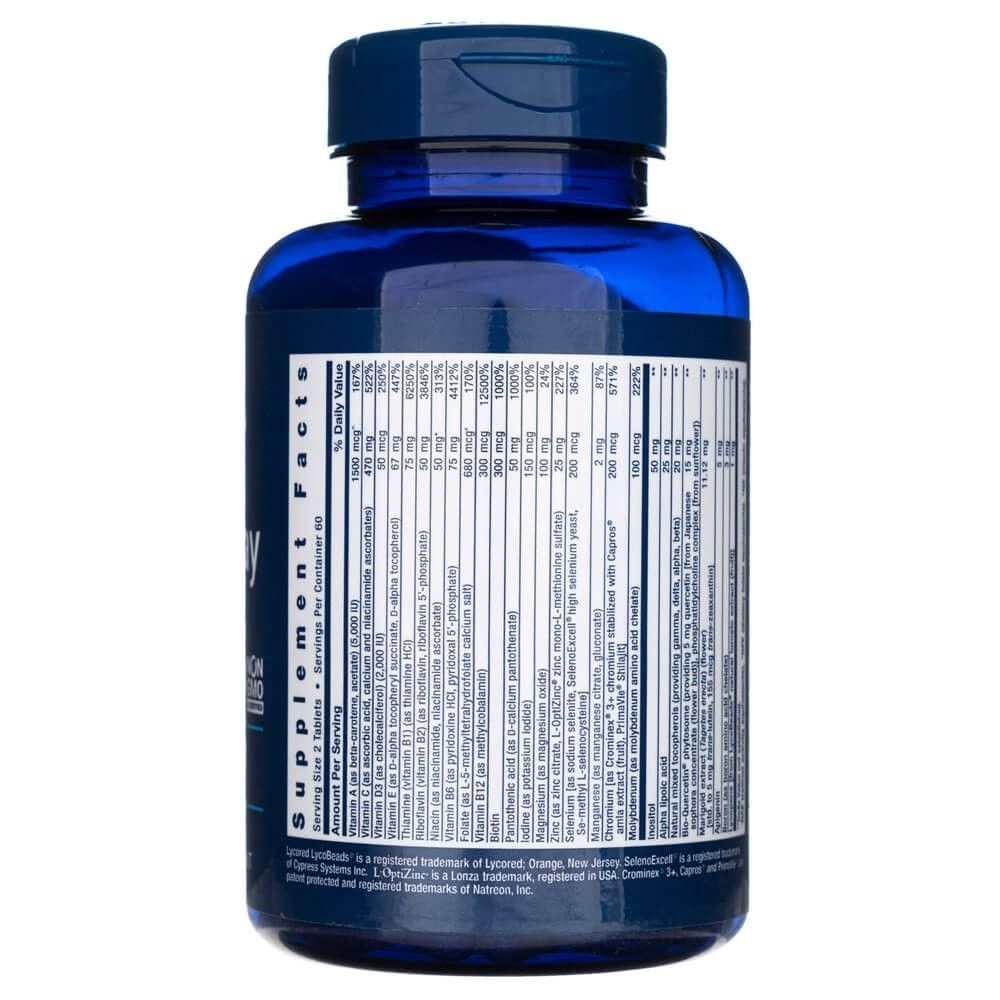 Achterkant van een blauwe fles met voedingssupplementen, met een gedetailleerde voedingswaardetabel.