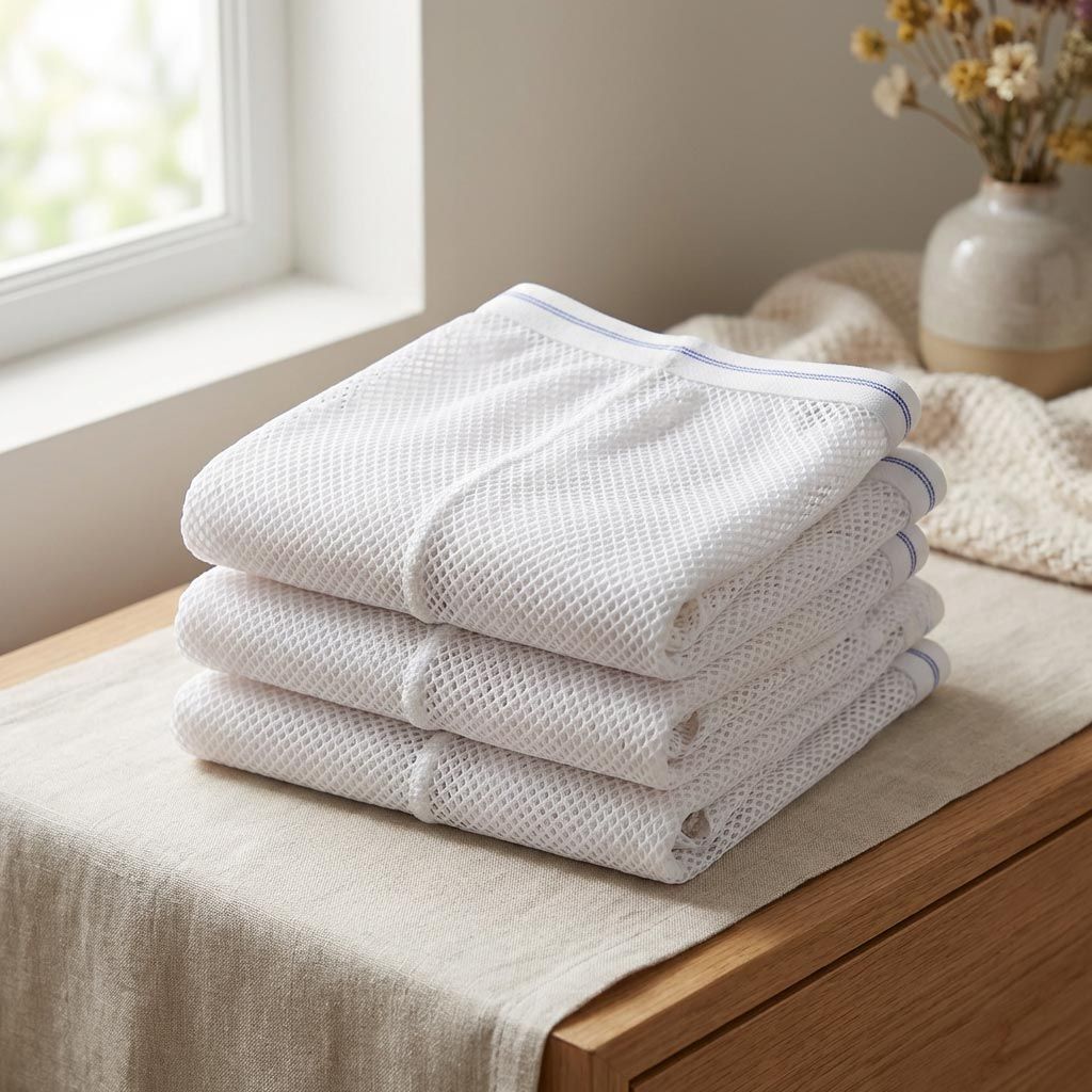 Stapel van drie witte postpartum netbroeken. Blauwe lijn. Gepresenteerd op een oppervlak.