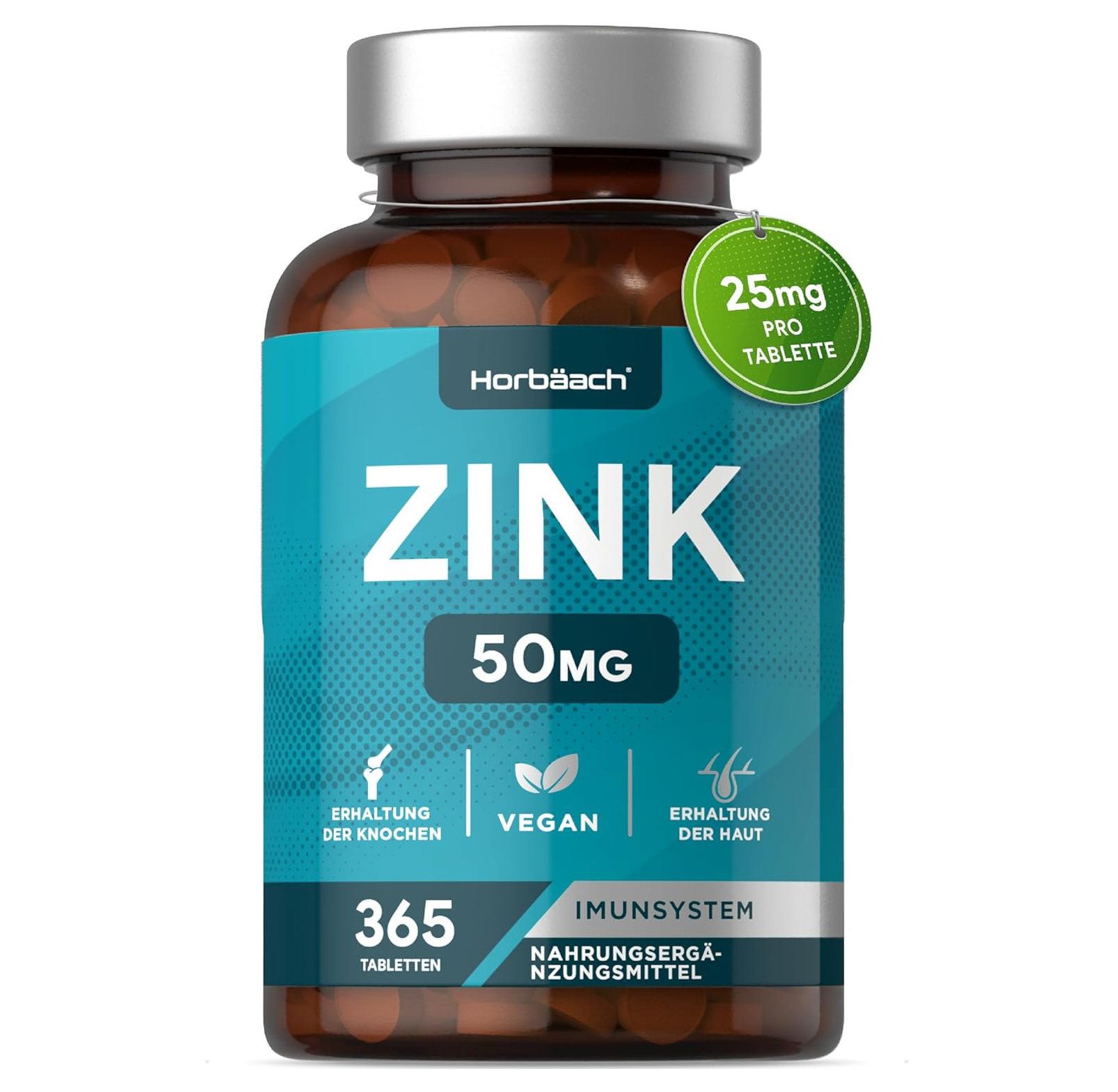 Bruine fles Horbaach zinktabletten. 365 tabletten, 50mg zink. Vegan. Voor botten, huid en immuunsysteem.