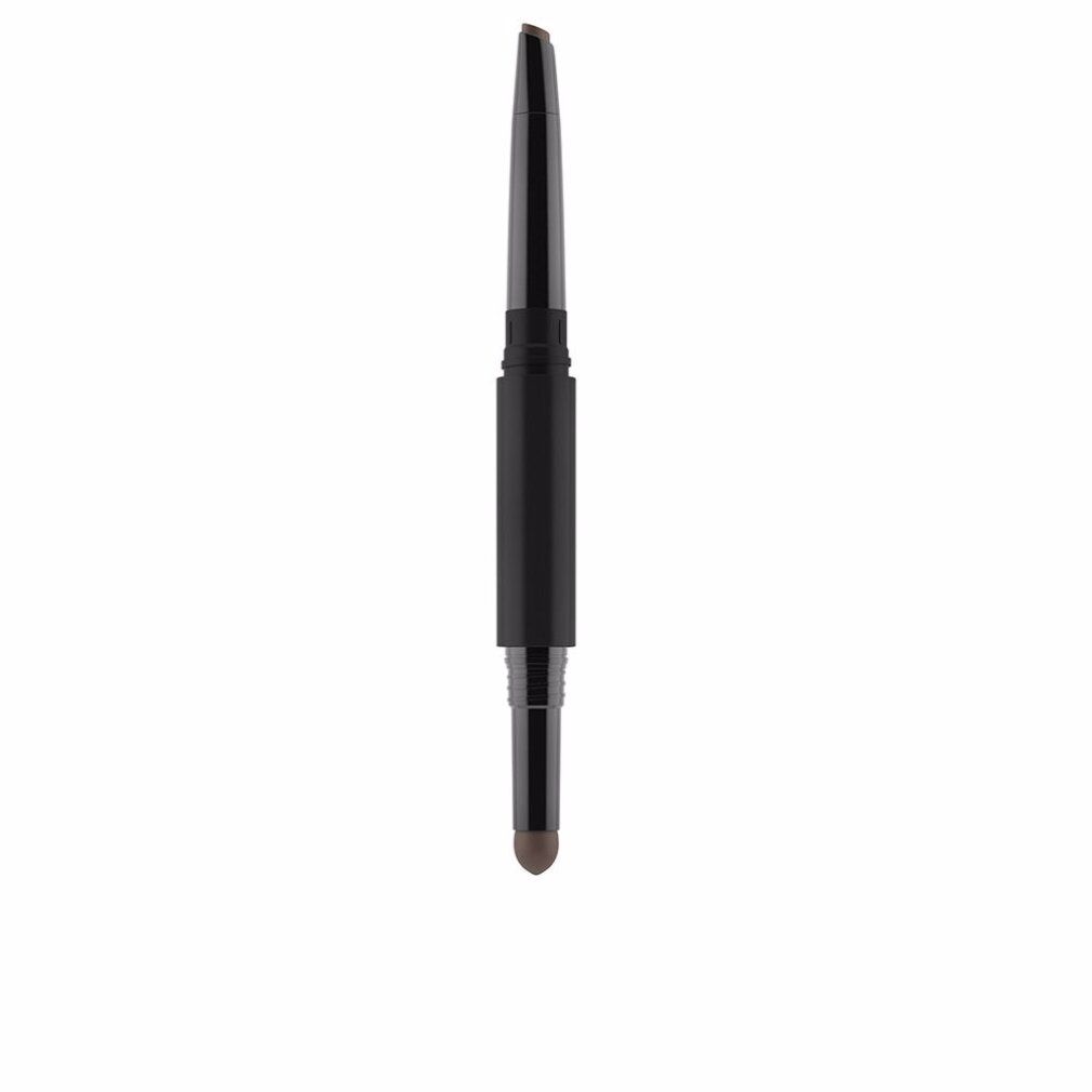 Crayon à sourcils double embout. Crayon noir avec pointe et brosse marron. Sur fond blanc.
