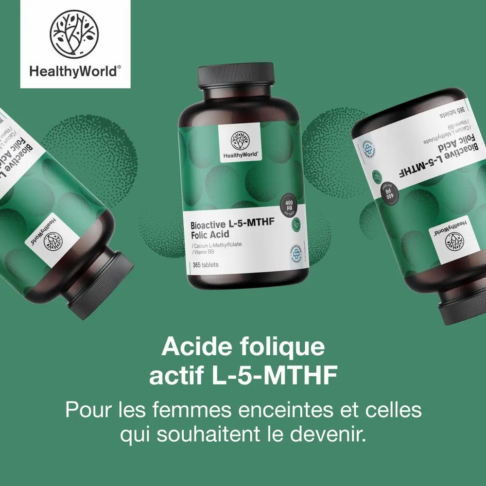 Trois bouteilles d'Acide folique actif L-5-MTHF, pour femmes enceintes et planifiant une grossesse.