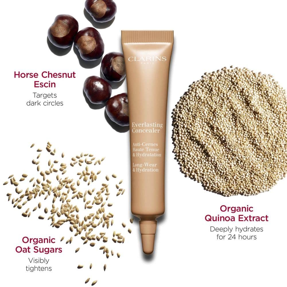 Tube de correcteur beige avec texte et ingrédients. Marque : CLARINS. Texte : Everlasting Concealer, Anti-Cernes, Haute Tenue & Hydratation.