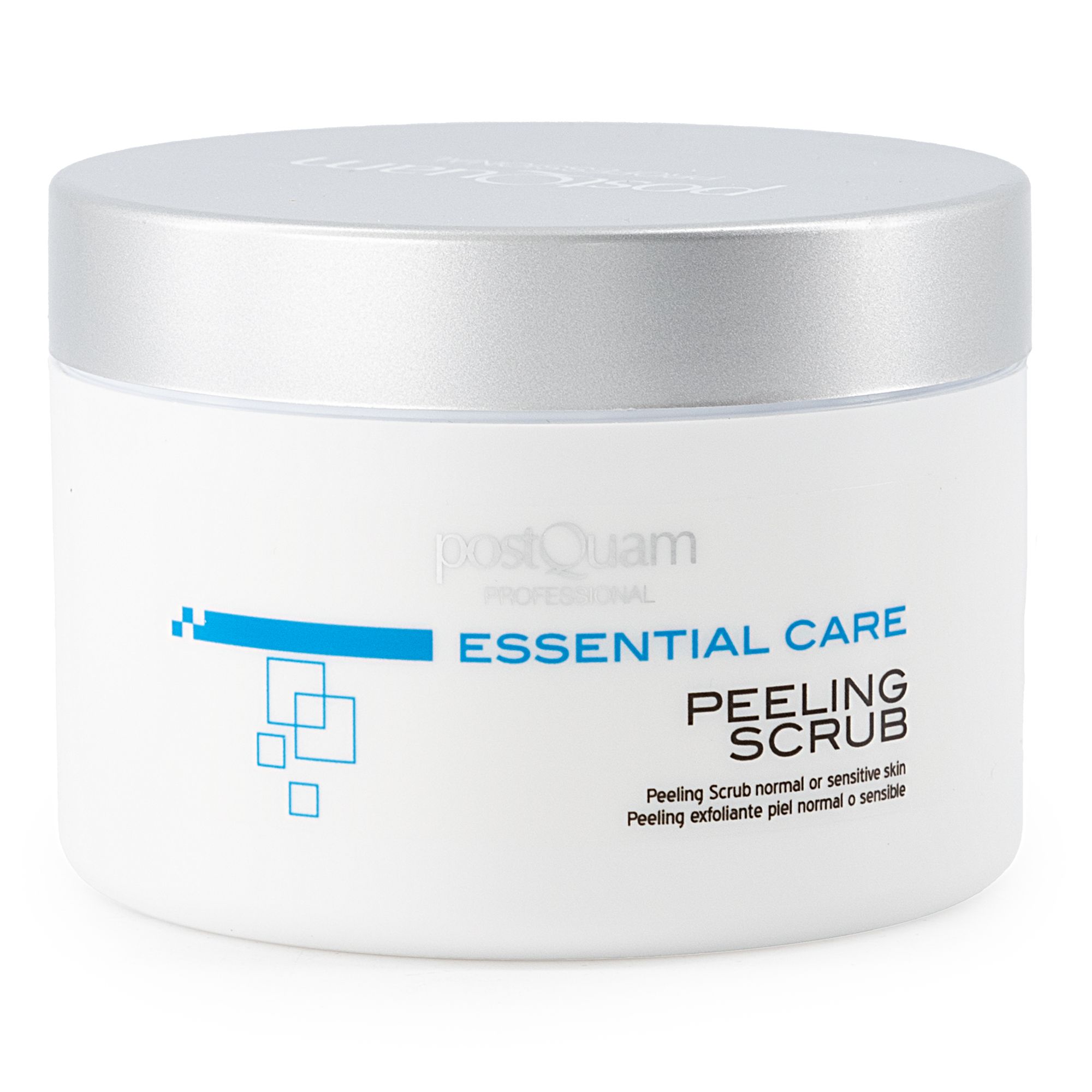 Witte pot met zilveren deksel. Opschrift: Essential Care Peeling Scrub. Voor normale of gevoelige huid.