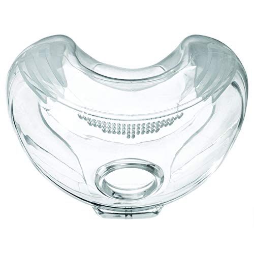 Coussin de masque transparent. Masque nasal et buccal de forme ovale avec ouverture. Rangée de petits trous en bas.