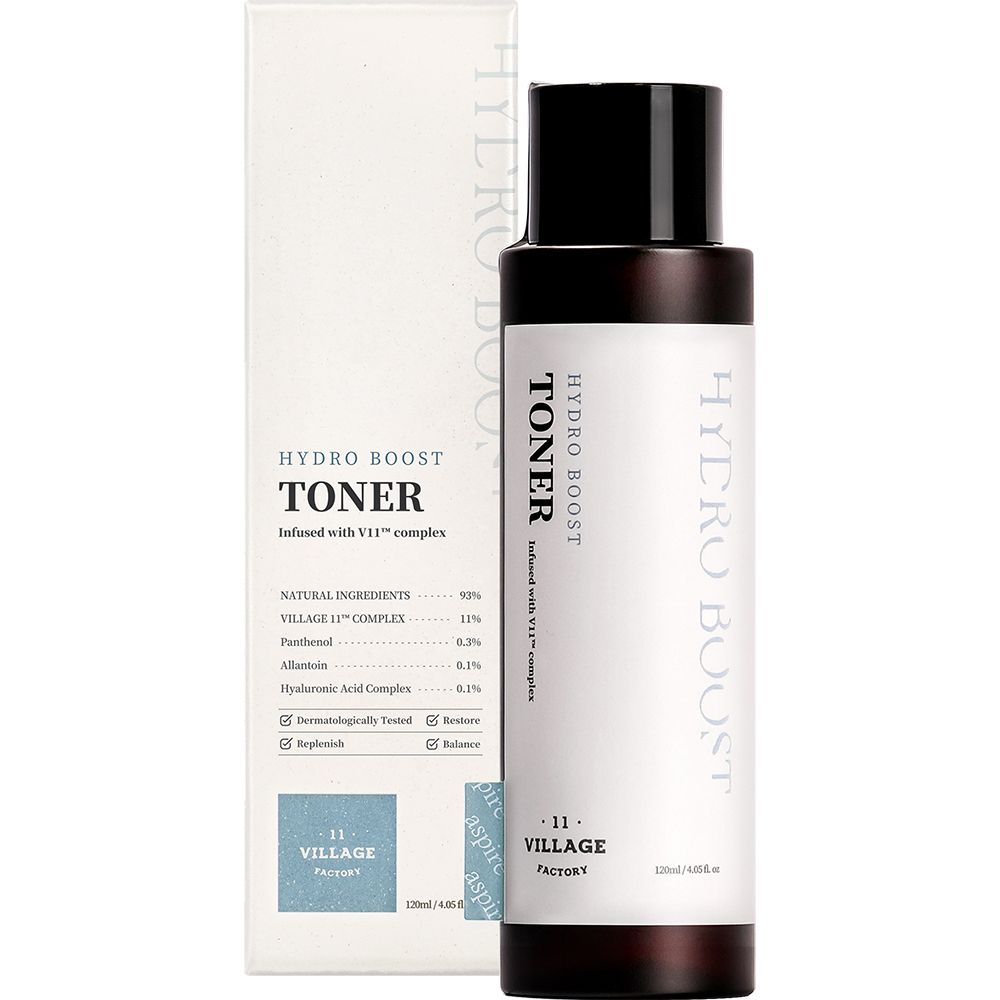 Flacon et emballage. Flacon : Hydro Boost Toner. Emballage : Hydro Boost Toner, ingrédients, VILLAGE FACTORY.