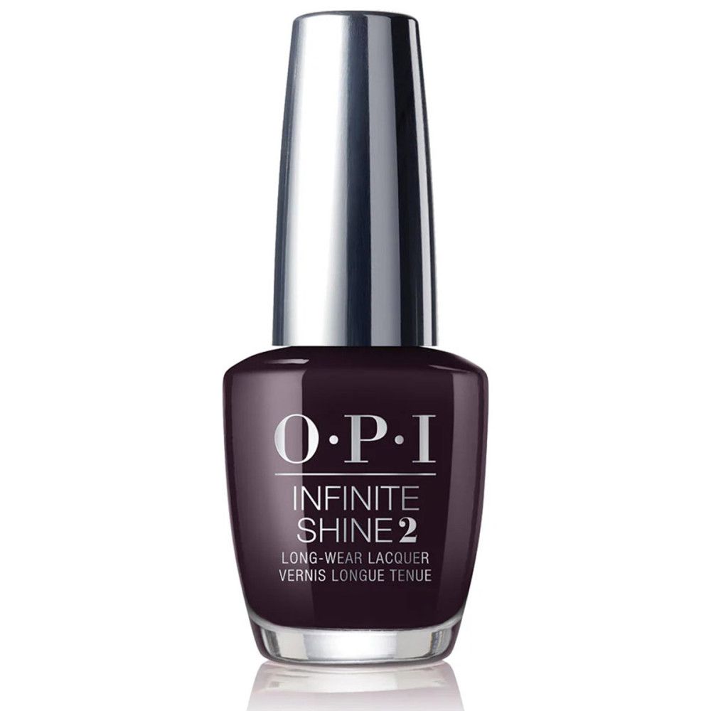 Flacon de vernis à ongles avec bouchon argenté. Nom du produit OPI Infinite Shine 2, vernis à ongles rouge foncé.