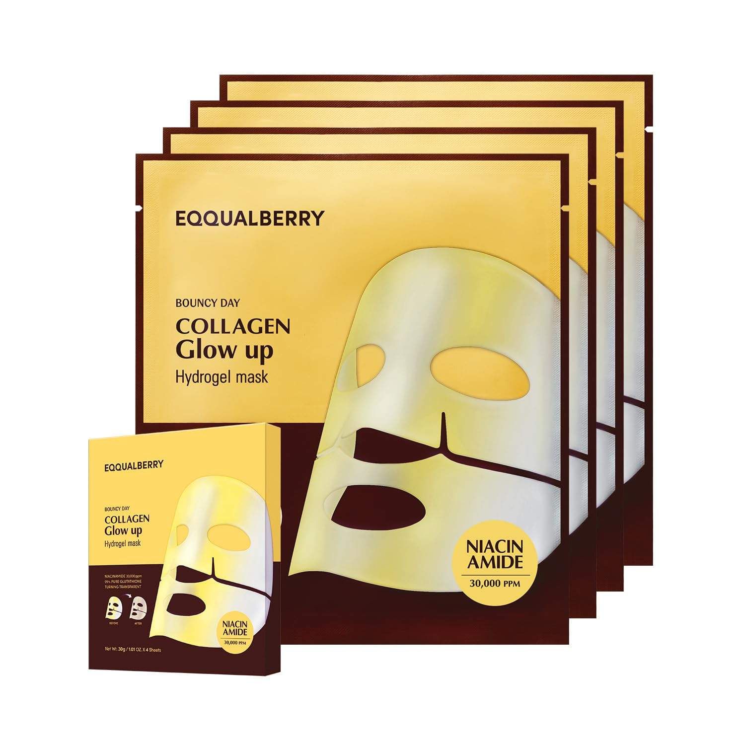 Plusieurs paquets de masque hydrogel EQQUALBERRY Collagen Glow Up. Inscriptions : Collagen Glow Up, Niacinamide 30 000 PPM. Une petite boîte de masques.