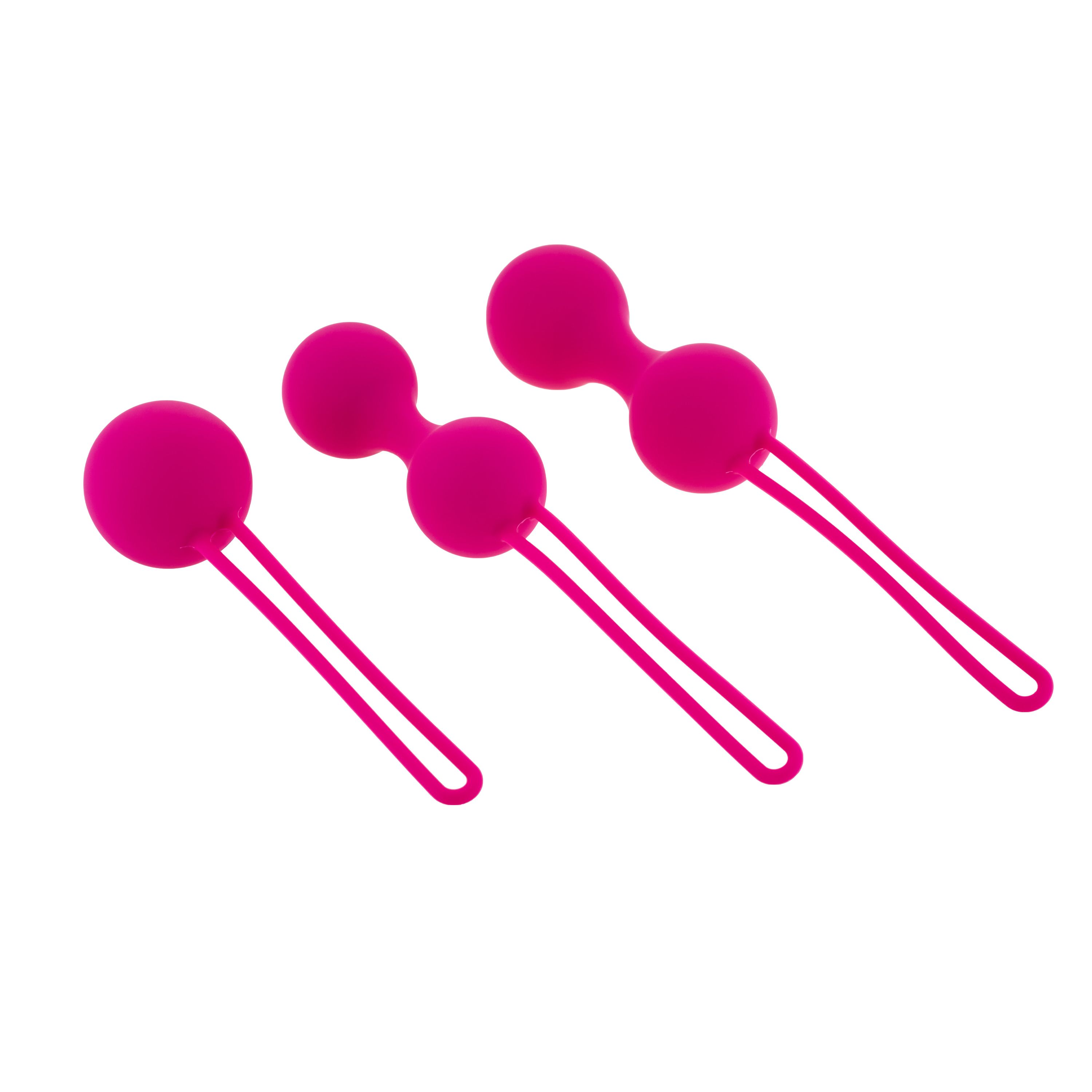 Trois boules roses avec des boucles. Chaque boule a une forme ronde et est reliée par une fine tige.