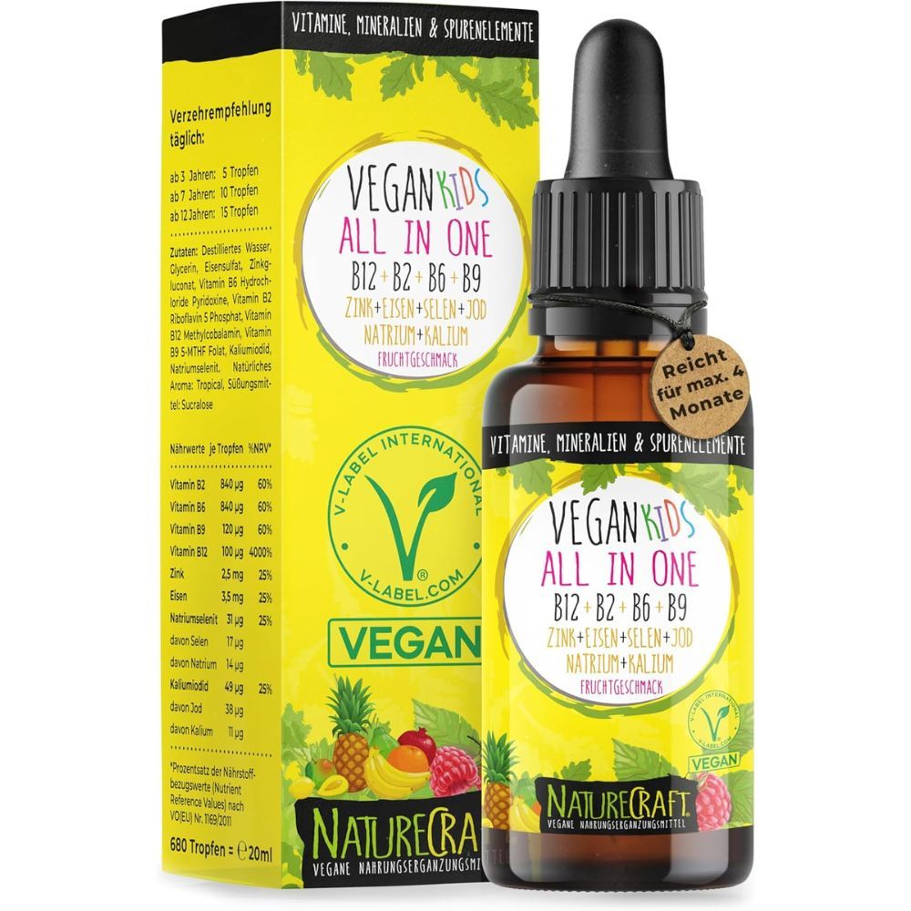 Flacon en verre brun avec compte-gouttes et emballage jaune. Inscription: Vegan Kids All in One. Certification V-Label.