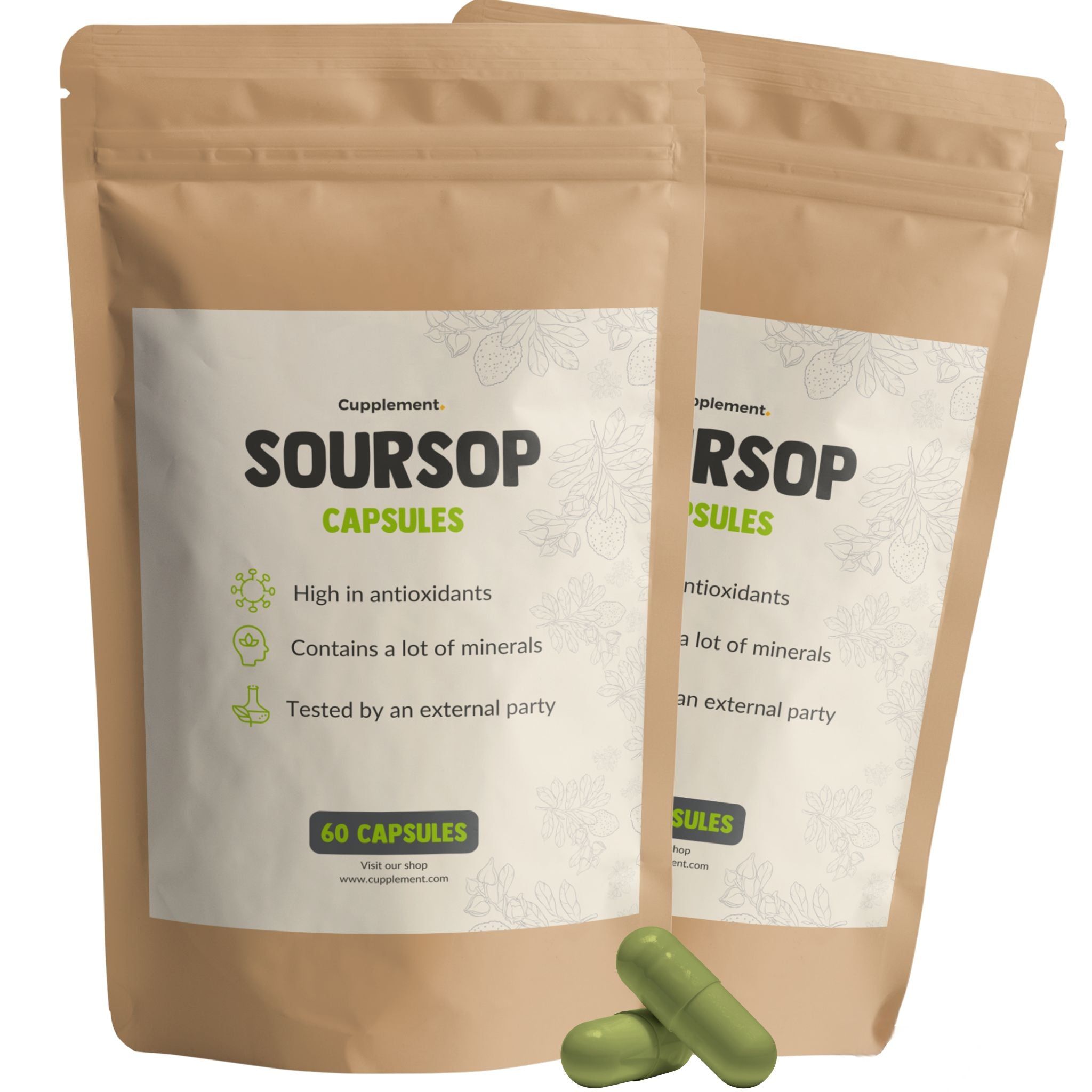 Twee zakjes met soursop capsules. Opschrift: Soursop Capsules, 60 capsules. Groene capsules ernaast.