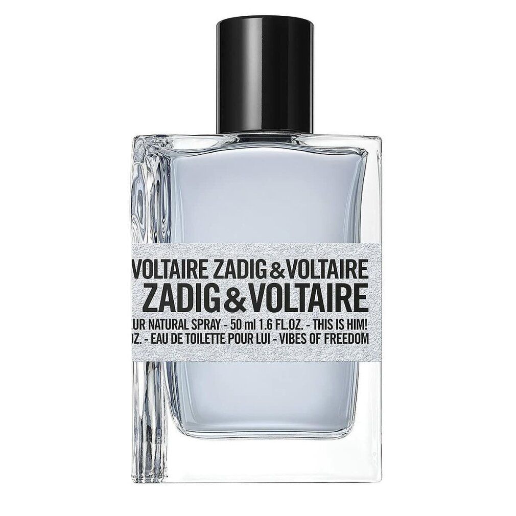 Flacon Zadig & Voltaire Eau de Toilette. Flacon clair, carré, bouchon noir. Étiquette avec texte.
