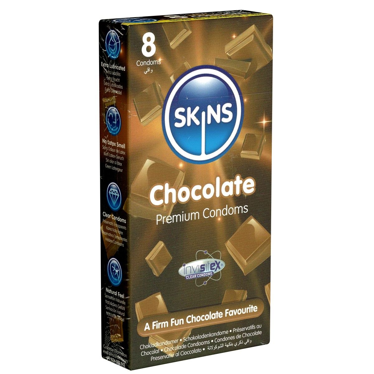 Verpakking met 8 condooms. Opschrift: SKINS Chocolate Premium Condoms. Chocolade-motief. Tekst: A Firm Fun Chocolate Favourite. Merk: InvisiTex.