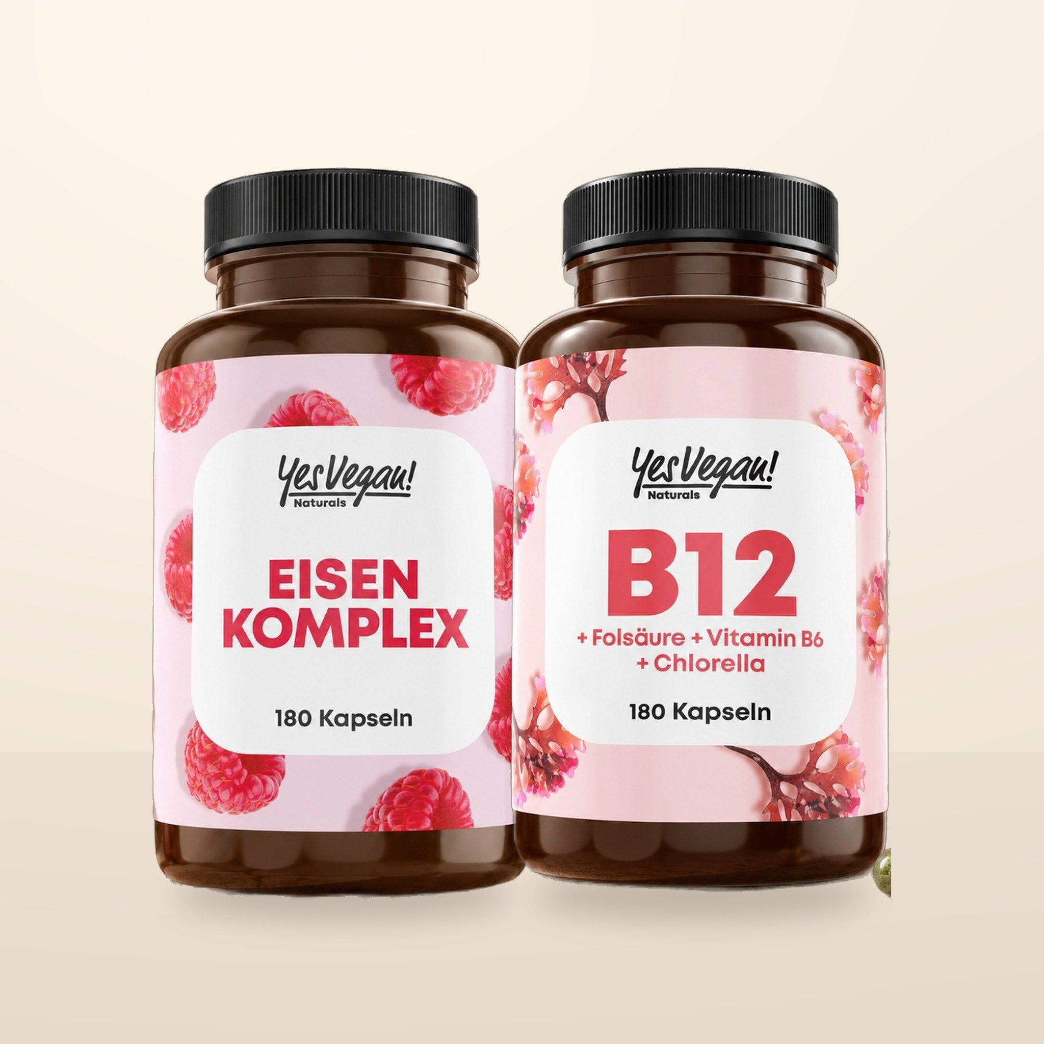 Bouteille YesVegan! Super Mushroom Complex, 180 gélules, avec représentations de champignons vitaux et informations sur les fonctions.