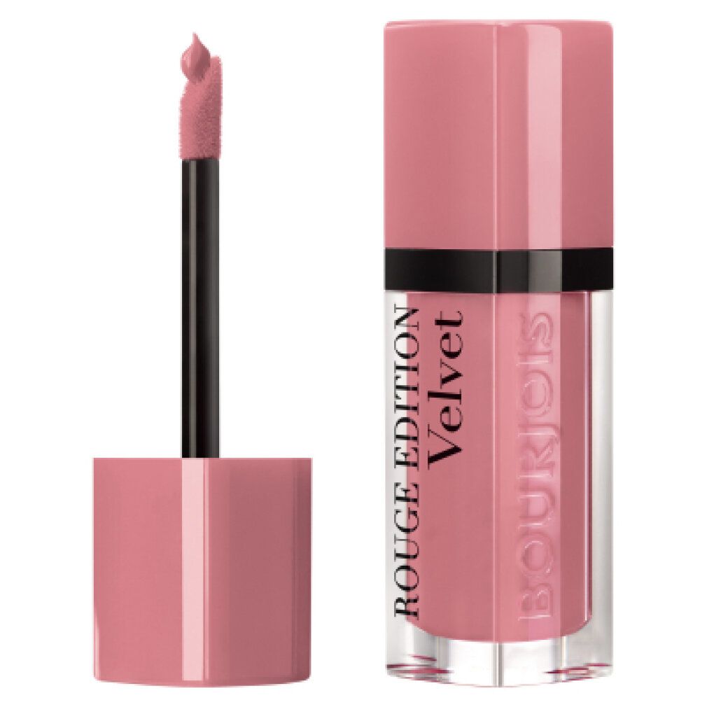 Roze lipstick. Opschrift: Rouge Edition Velvet. Applicator zichtbaar. Transparante huls. Roze dop.