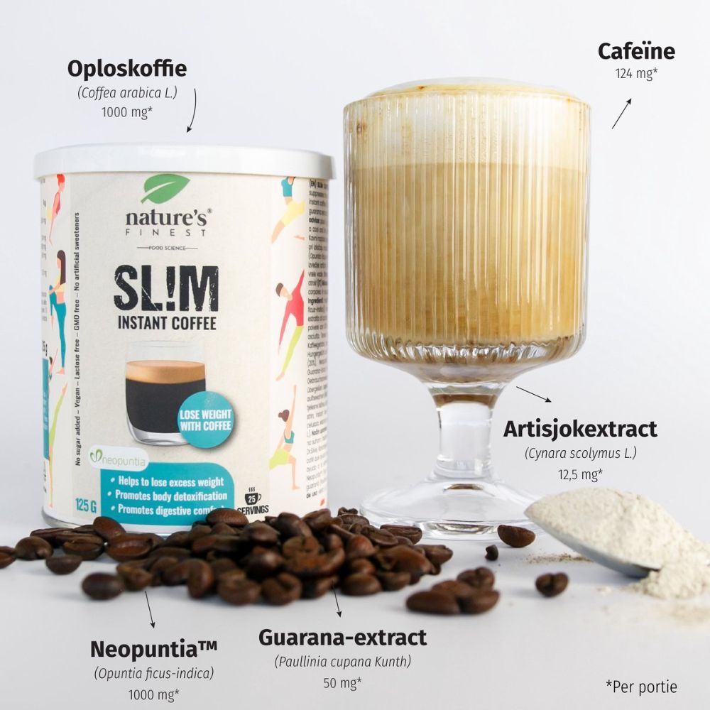 Blik Nature's Finest SL!M Instant Coffee, koffiebonen, koffieglas. Met informatie over ingrediënten.