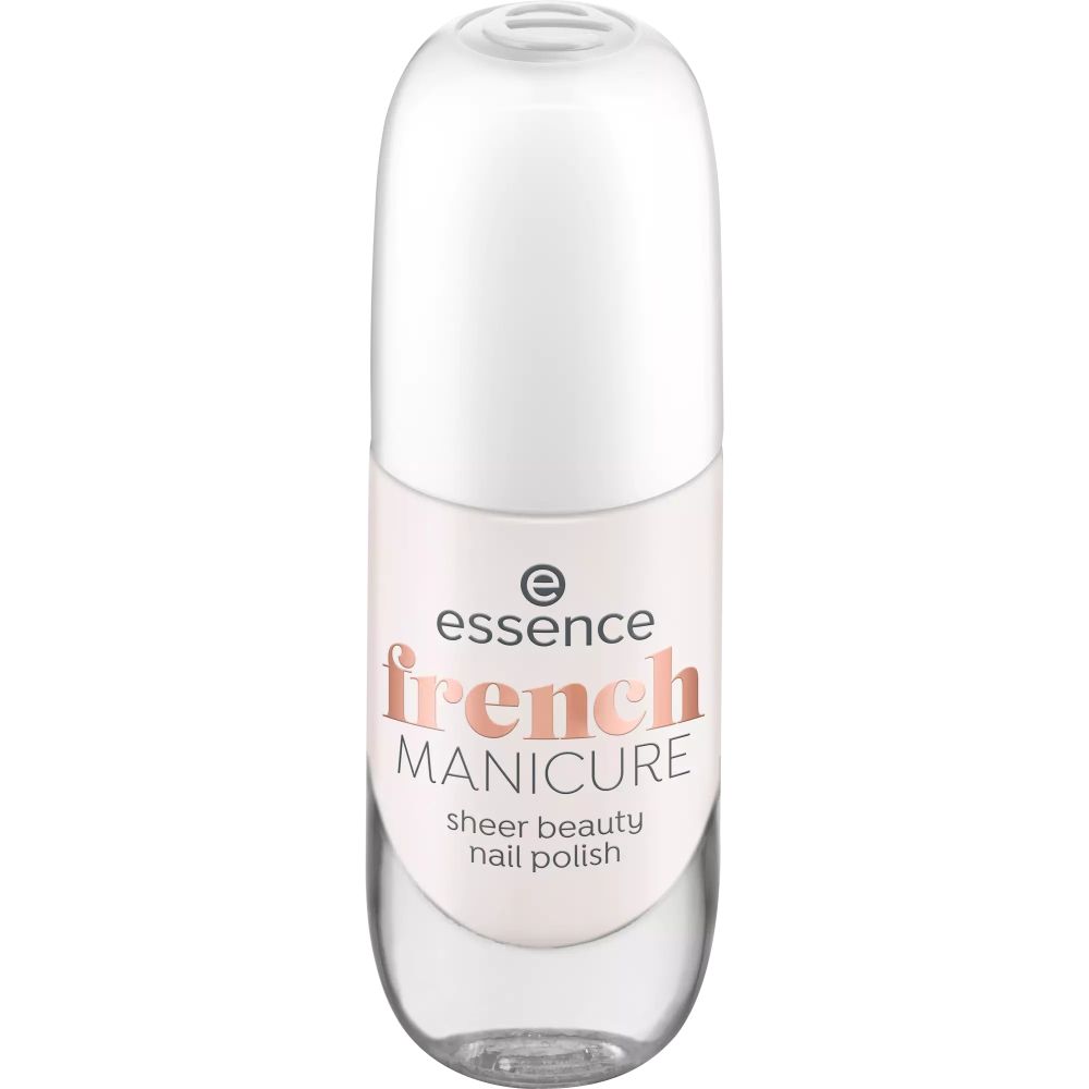 Flacon de vernis à ongles avec bouchon blanc. Inscription : essence french MANICURE sheer beauty nail polish.