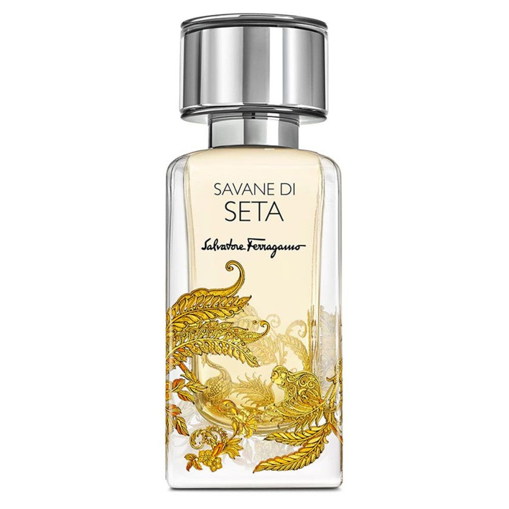Flacon de Salvatore Ferragamo Savane Di Seta Eau de Parfum avec bouchon argenté et décor doré.