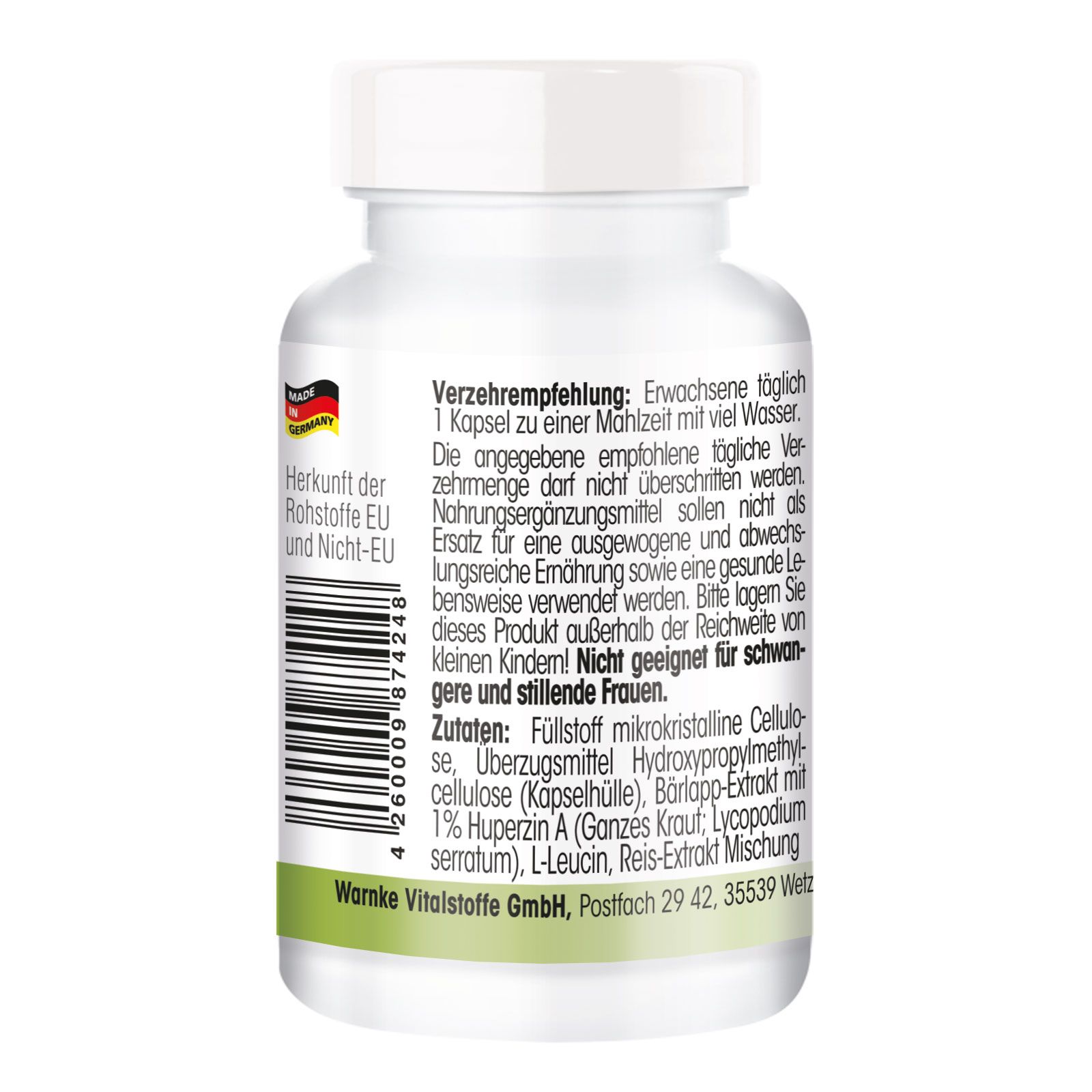 Dos du flacon blanc. Texte: Recommandations, ingrédients, Warnke Vitalstoffe GmbH. Fabriqué en UE et hors UE.