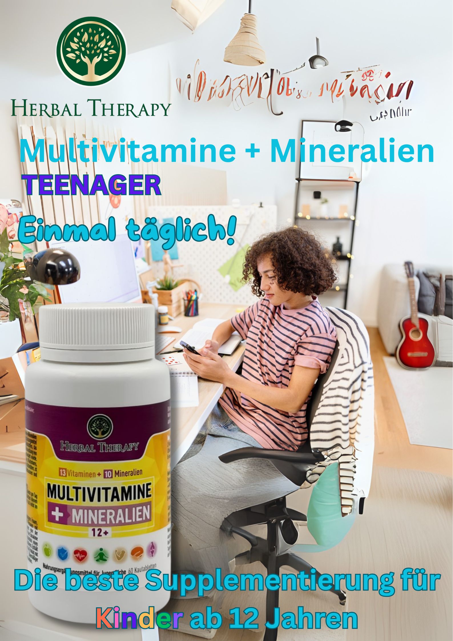 Adolescent assis à un bureau, flacon Herbal Therapy Multivitamine + Mineralien 12+ à côté. Texte : La meilleure supplémentation pour les enfants de 12 ans et plus.