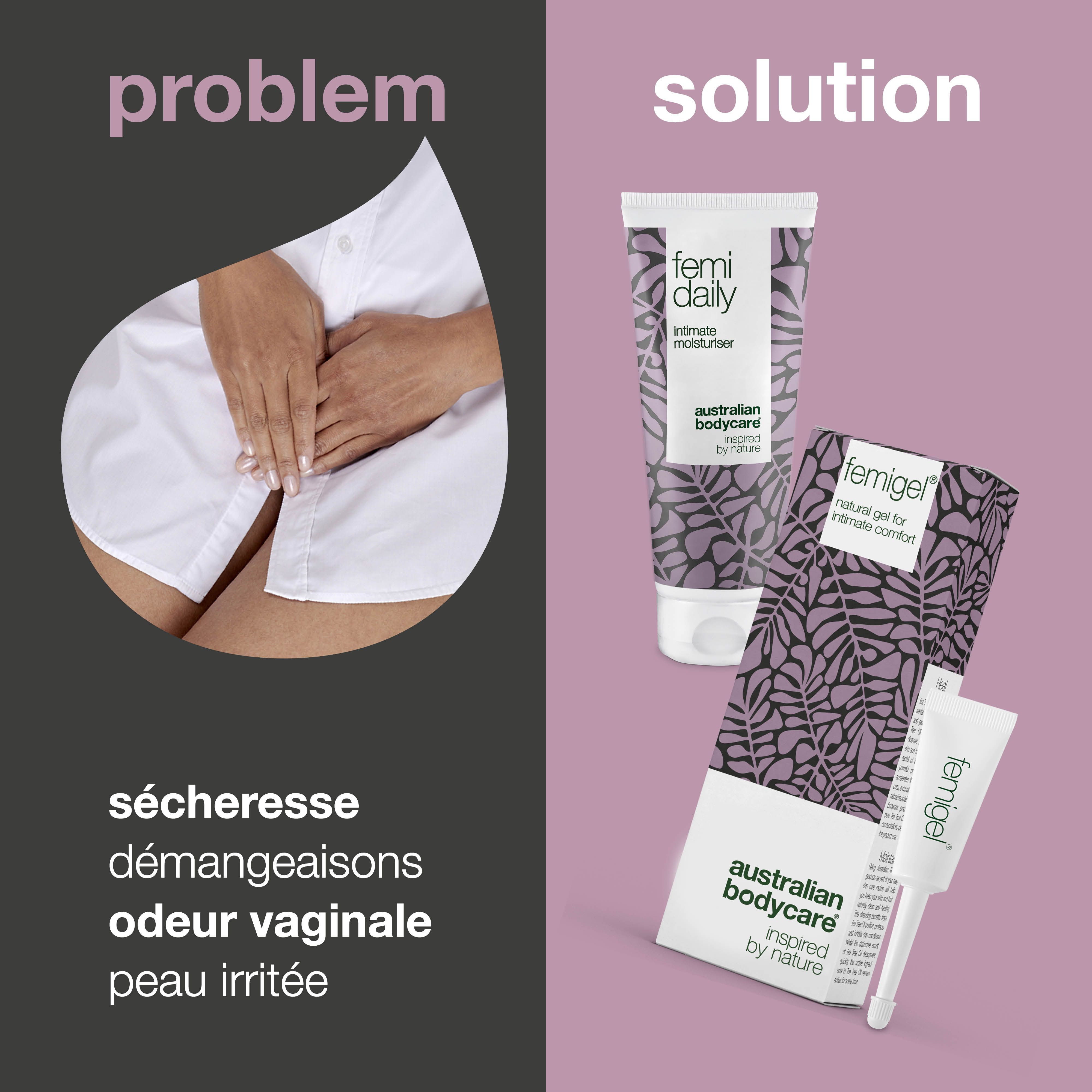 Problème et solution. Femme en chemise blanche. Produits : Femidaily, Femigel et emballage. Texte en français.