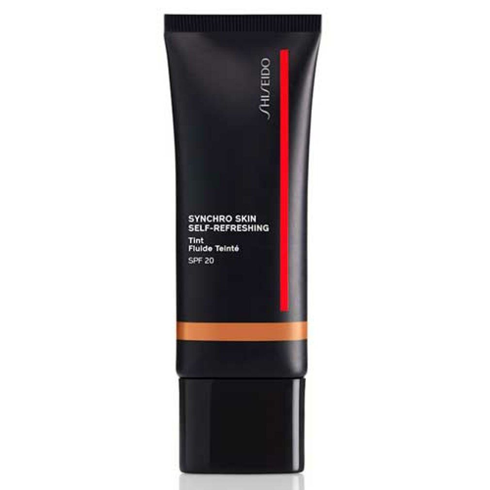 Tube noir avec inscription: Shiseido, Synchro Skin Self-Refreshing Tint, SPF 20. Nuance brune visible.